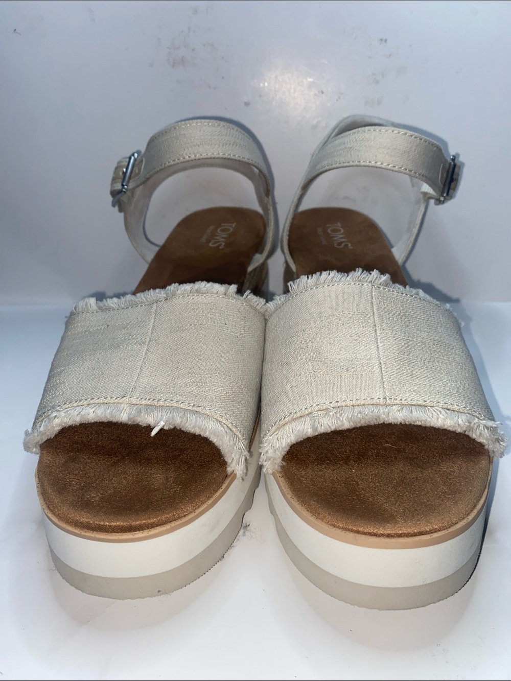 Toms Cream Frayed Canvas Platform Sandals with Ankle Strap